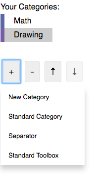 The categories area of the Workspace Factory tab. This shows the current list
of categories and buttons to add and delete categories and move them up and down
in the list. The + button has been selected to add a
category.