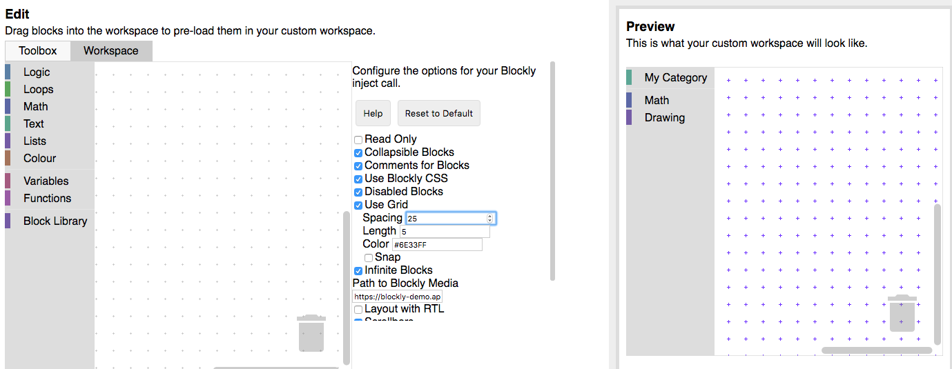 La pestaña Workspace Factory con el botón Workspace seleccionado. El área de categorías se reemplazó por una lista de opciones de espacio de trabajo para elegir.