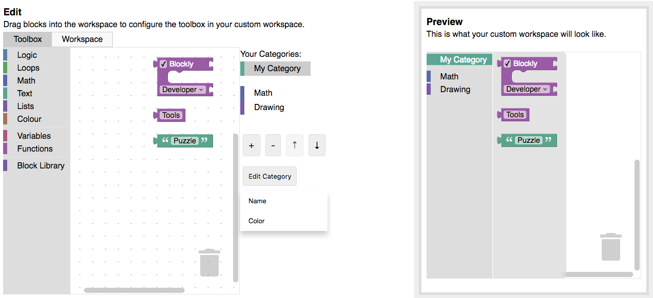 The Edit Category dropdown, with fields to change a category's name and
color.