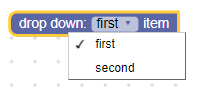 下拉式選單開啟時的相同方塊。下拉式選單包含「first」和「second」項目。