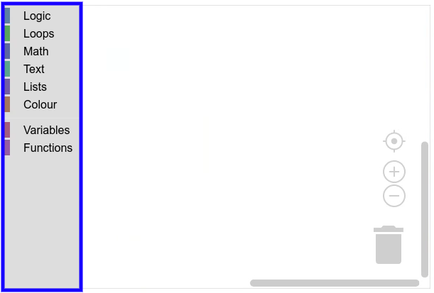 Un espacio de trabajo con una caja de herramientas de categorías que incluye ocho categorías (Lógica, Bucles, Matemáticas, etcétera). No se ven bloques porque no se abrió ninguna categoría.