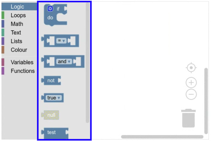 The same workspace and category toolbox as in the previous image, except that
the Logic category is open, showing seven logic blocks (if-do, comparison,
and-or, etc.).