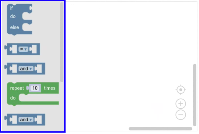 Obszar roboczy z wysuwanym przybornikiem zawierającym 4 bloki.