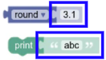 A block for rounding numbers connected to a shadow number block, and a print
block connected to a shadow text block. The shadow blocks are greyed out to show
that they are default blocks and that you can drag other blocks on top of
them.