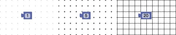 Three different workspaces with grid marker lengths of 1, 5, and 20. The first
length results in dots, the second in crosses, and the third in graph
paper.