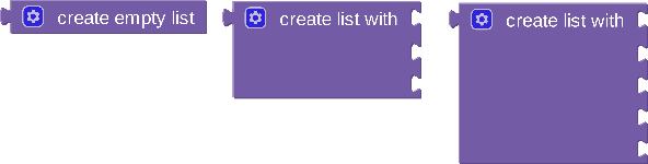 שלושה שינויים של בלוק ליצירת רשימה: ללא קלט, עם שלושה קלטים ועם חמישה קלטים.