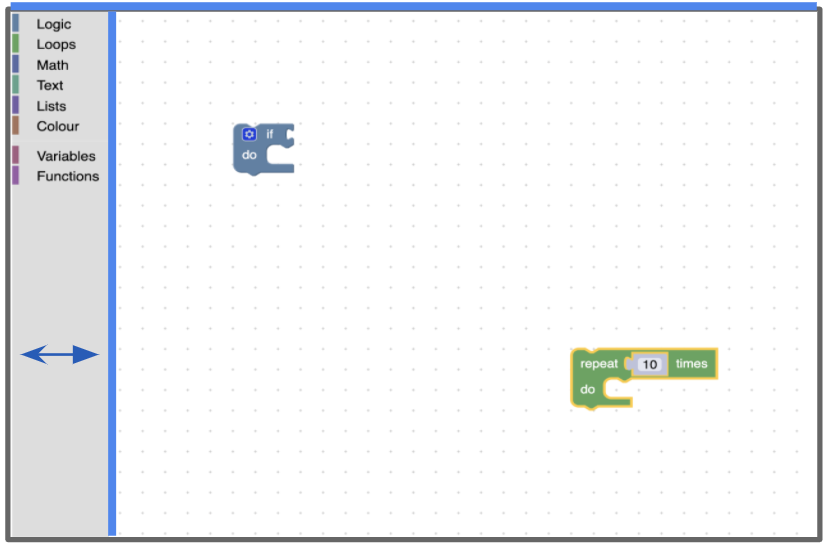 Espace de travail Blockly avec une ligne bleue à droite de la boîte à outils et au-dessus de l&#39;espace de travail.