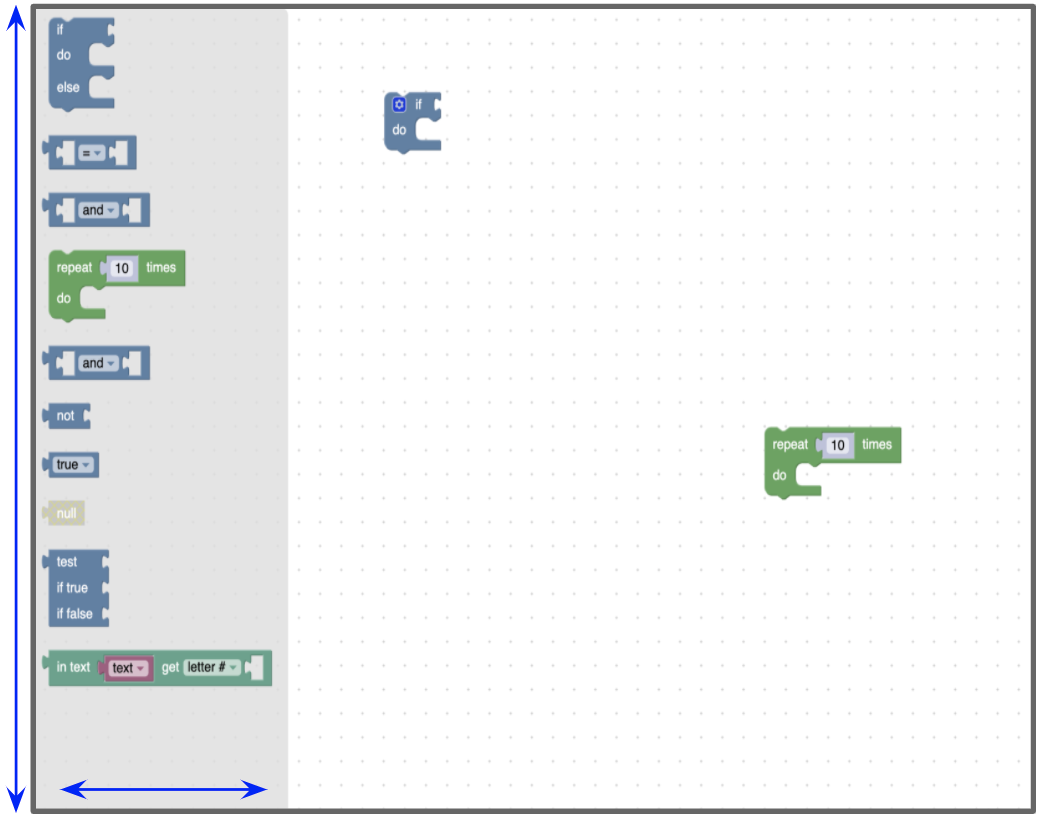 O espaço de trabalho do Blockly com setas mostrando a largura e a altura do
menu flutuante.