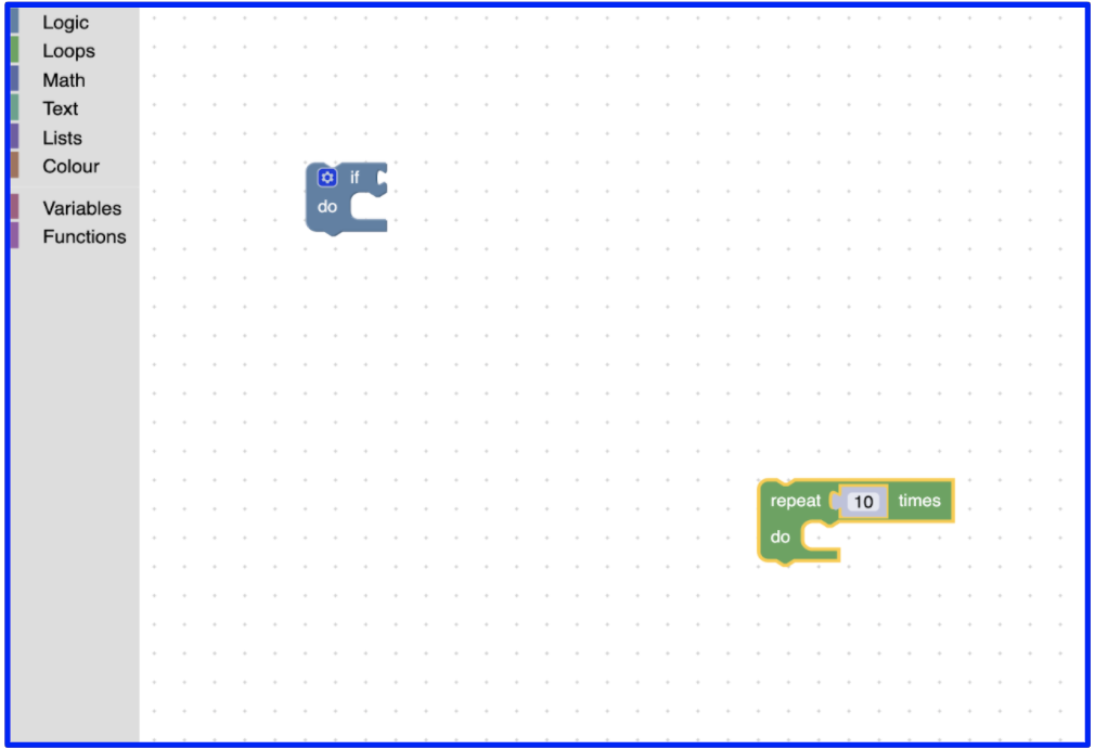 L&#39;area di lavoro Blockly con un rettangolo blu intorno.
