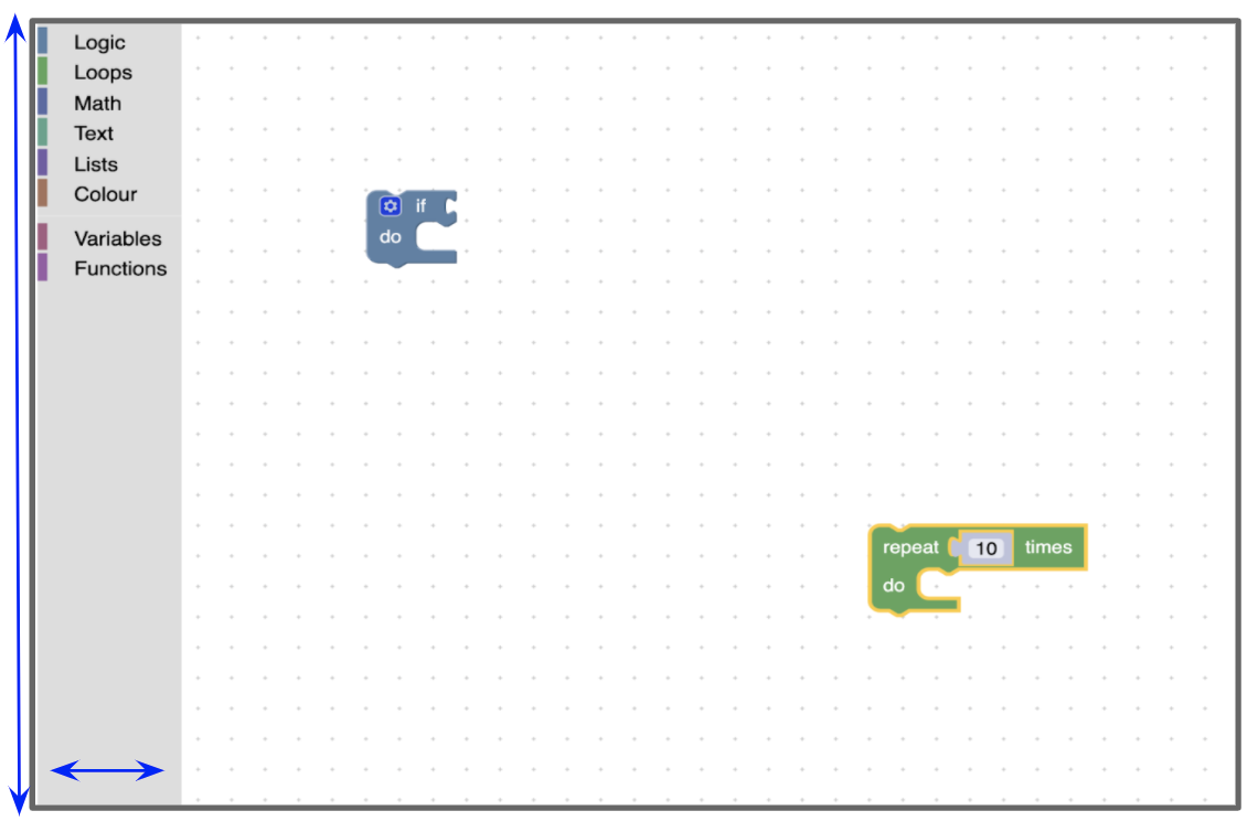 El espacio de trabajo de Blockly con flechas que muestran el ancho y la altura de la caja de herramientas.
