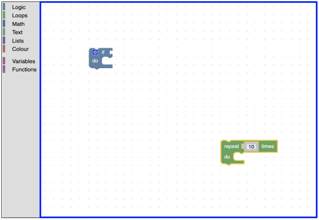 The Blockly workspace with a blue rectangle around the area not including the
toolbox.