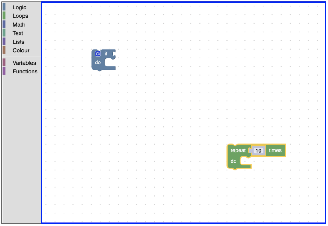 พื้นที่ทำงานแบบ Blockly ที่มีสี่เหลี่ยมผืนผ้าสีฟ้าอยู่รอบๆ พื้นที่ซึ่งไม่มีกล่องเครื่องมือ