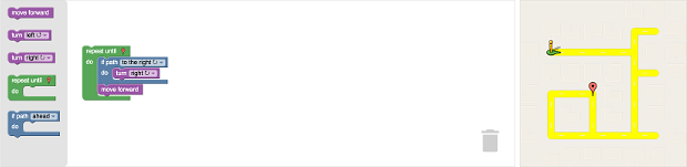 Une application avec la barre d'outils à gauche, l'espace de travail au centre et un labyrinthe (la visualisation de la sortie) à droite.