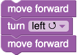 Uma pilha de blocos com comandos para mover, virar à esquerda e mover de novo.