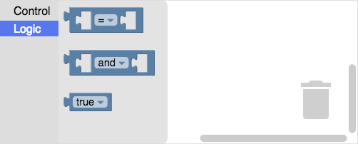 [Control] カテゴリと [Logic] カテゴリを含むカテゴリ ツールボックス。[論理] カテゴリが開いており、フライアウト ツールボックスに比較ブロック、AND-OR ブロック、TRUE-FALSE ブロックが含まれています。