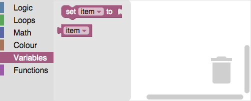 A category toolbox with six categories. The Variables category is open and
contains variable getter and setter blocks. The color of the blocks matches the
color of the vertical bar to the left of the Variables category
name.