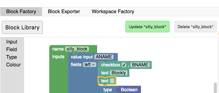 The Block Factory tab with Update
and Delete buttons that include the block
name.