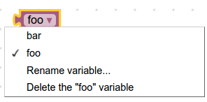 Ein Variablenfeld mit einem Drop-down-Menü, in dem Sie eine Variable auswählen, den Namen der aktuellen Variable ändern oder die aktuelle Variable löschen können.