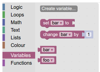 The same category after `foo` and `bar` variables have been created. It
contains a "Create variable" button, set-variable-to and change-variable-by
blocks, and getter blocks.
