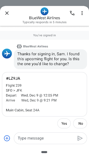 Agent thanks the user for signing in and surfaces a rich card with personalized flight info