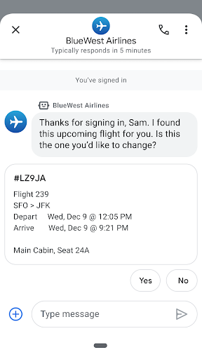 El agente agradece al usuario por haber accedido y muestra una tarjeta enriquecida con información de vuelo personalizada.