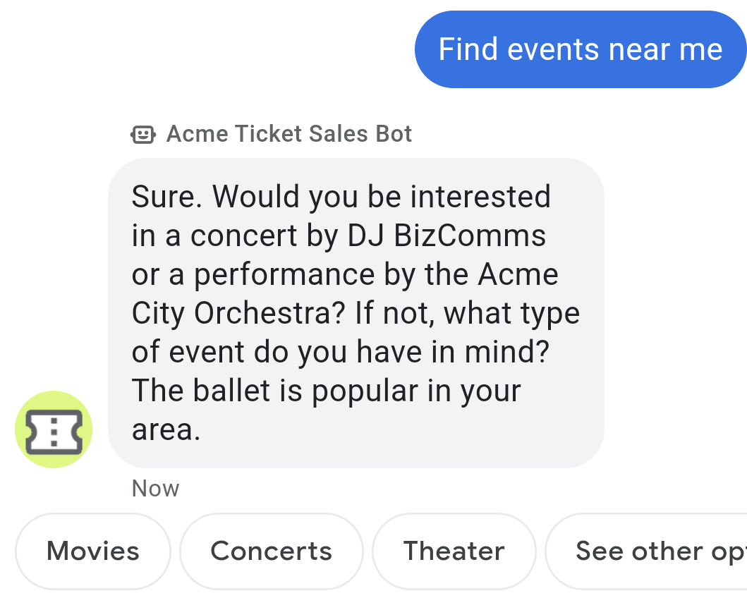 チケット販売エージェントからの長文メッセージで、どのイベントに関心があるかをユーザーに尋ねる