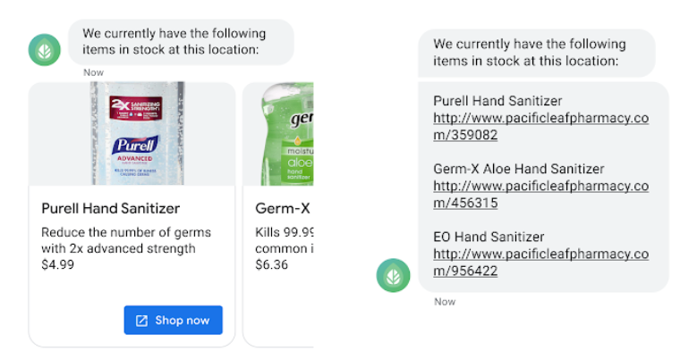 Deux messages, l&#39;un avec un carrousel de cartes, l&#39;autre avec des URL