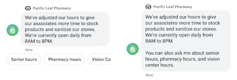 Deux messages, l'un avec des suggestions de réponses, l'autre avec des suggestions de texte