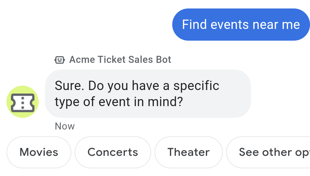 Concise message from Ticket Sales agent asking the user to choose an event