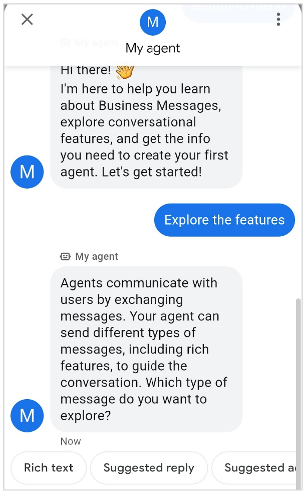 Message describing the available features with suggested replies to explore them 