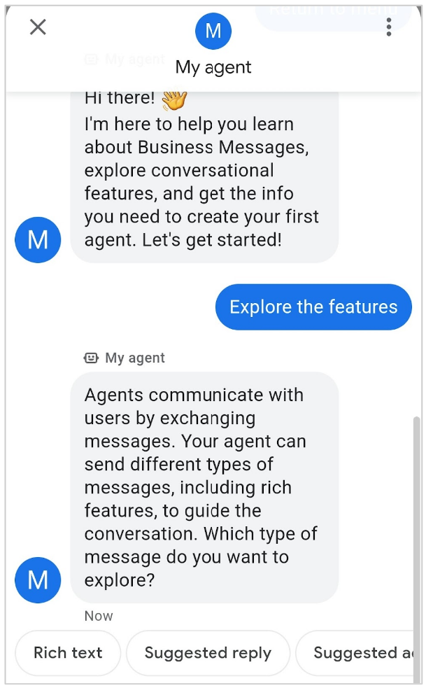 Mensagem que descreve os recursos disponíveis com respostas sugeridas para conhecê-los 