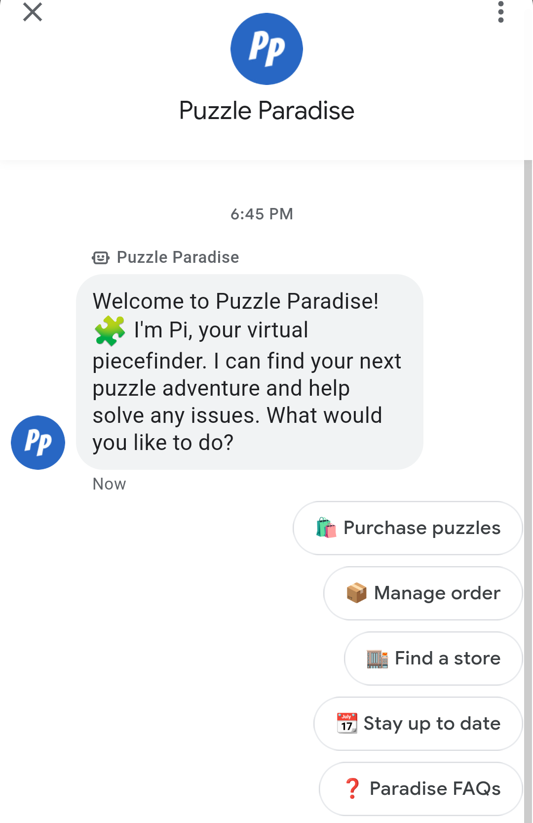 Mensaje de bienvenida con temas de conversación