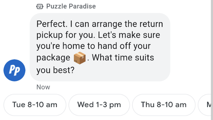 Agent asks user when they'll be home for pickup