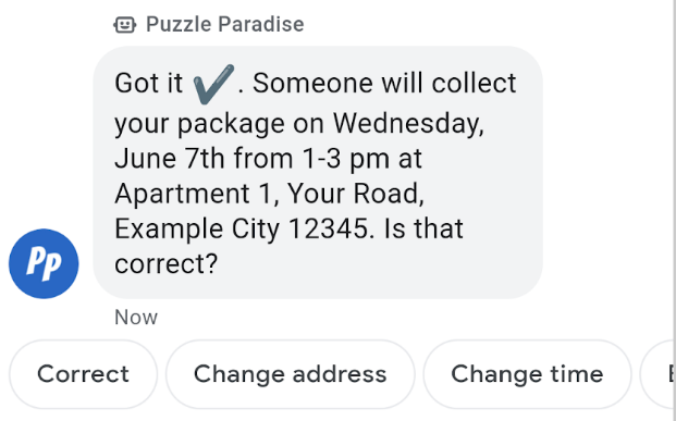 Agent states the address and time for pickup and asks if these are correct