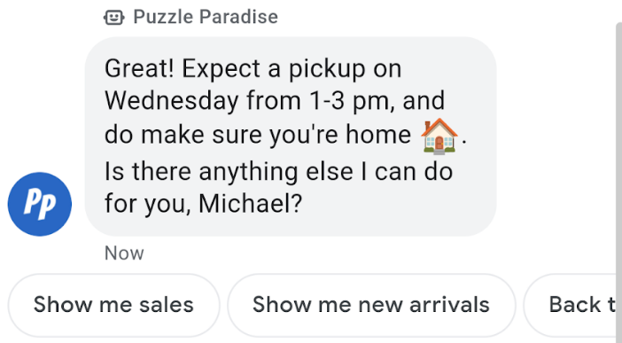 Message repeats the pickup time and asks how else the agent can help