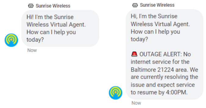 서비스 중단 알림이 추가된 Sunset Wireless의 시작 메시지