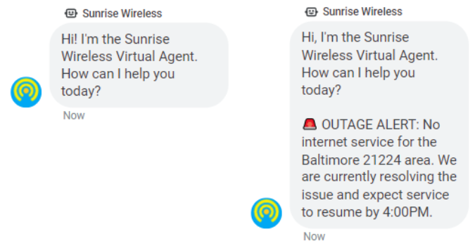 サービス停止に関するアラートが追加された Sunset Wireless のウェルカム メッセージ