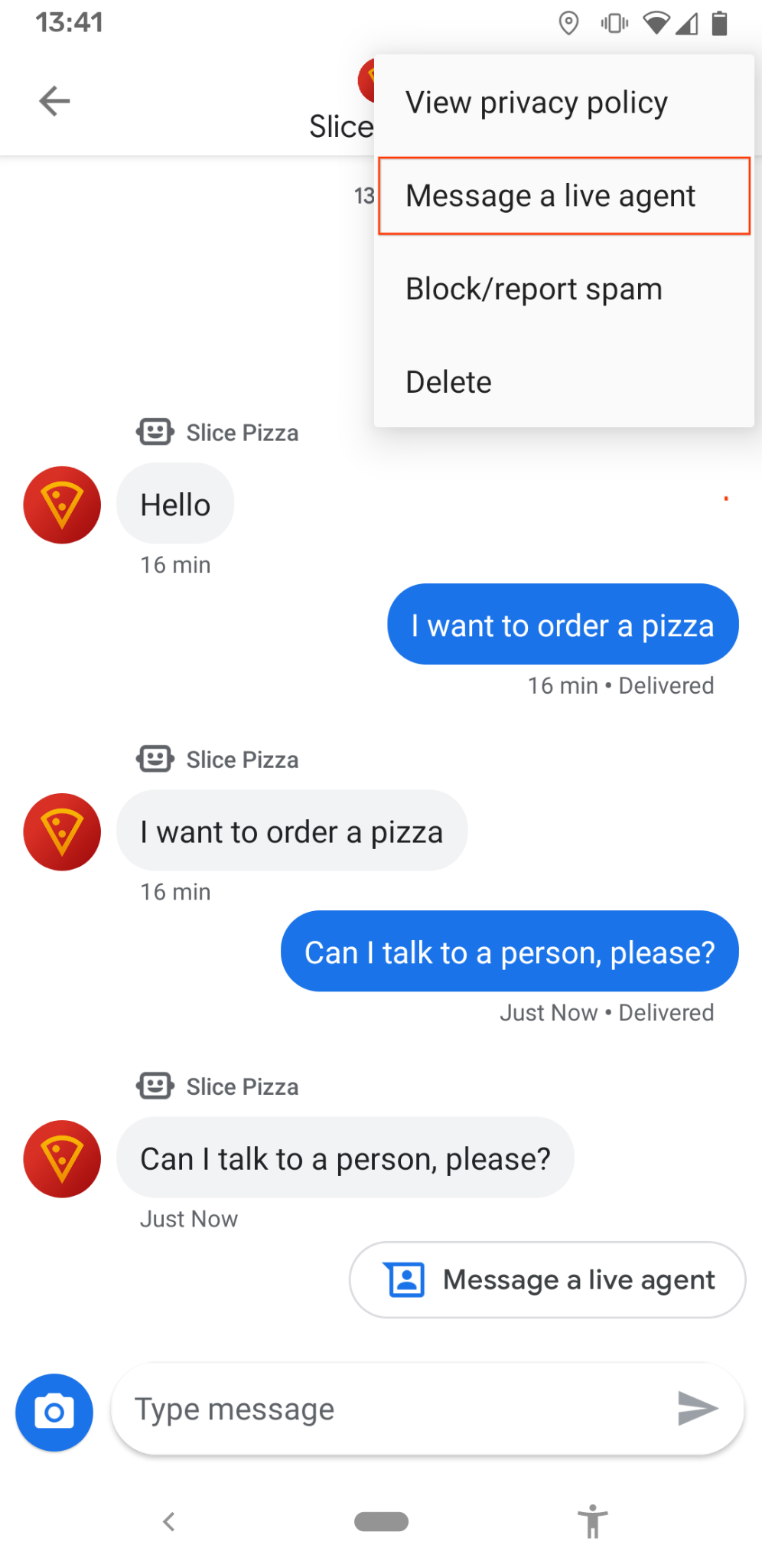 Mobile chat conversation with overflow menu open and  e58d2b77e9c64492.png