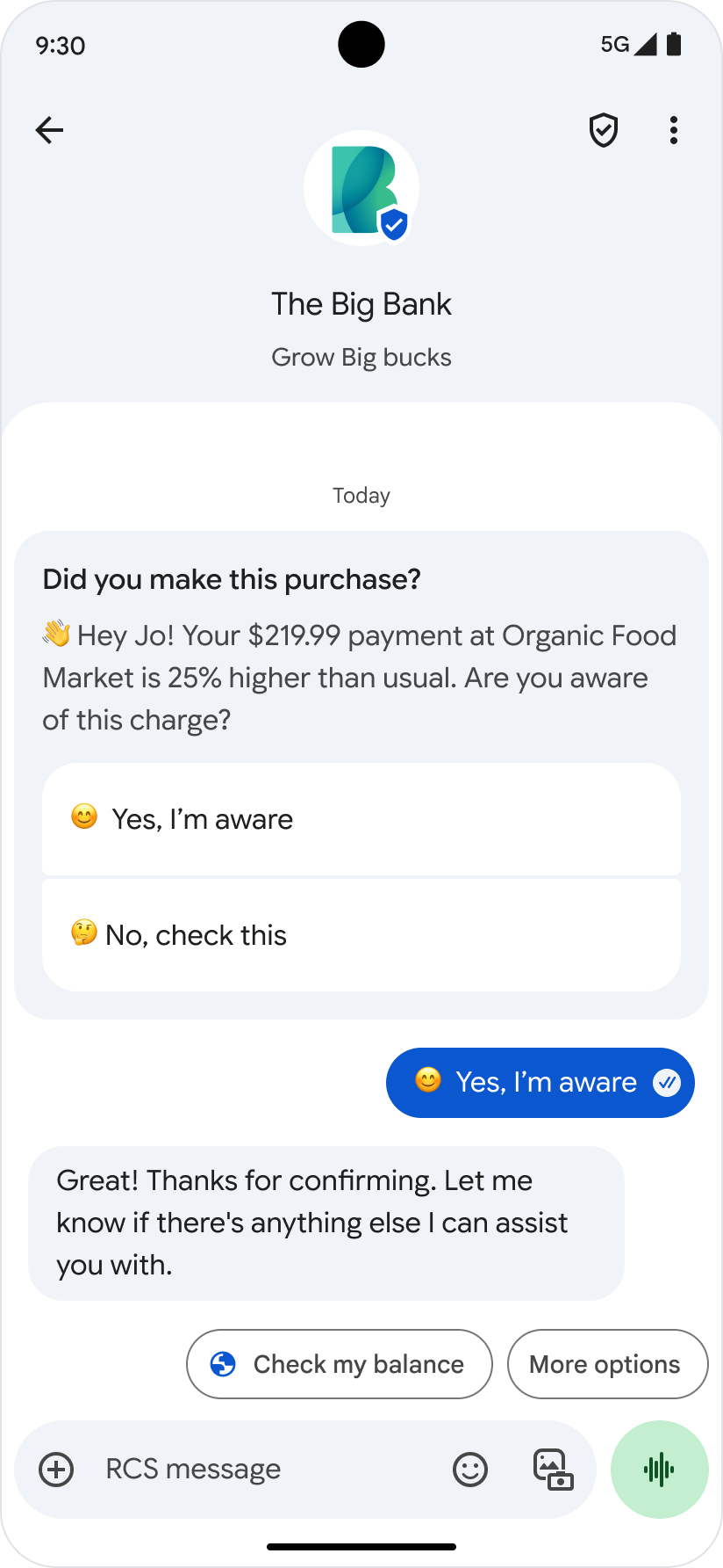 Mensagem com respostas sugeridas