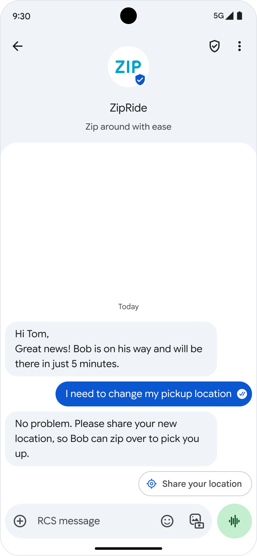 Un utilisateur envoie sa position à un agent dans Google Messages.