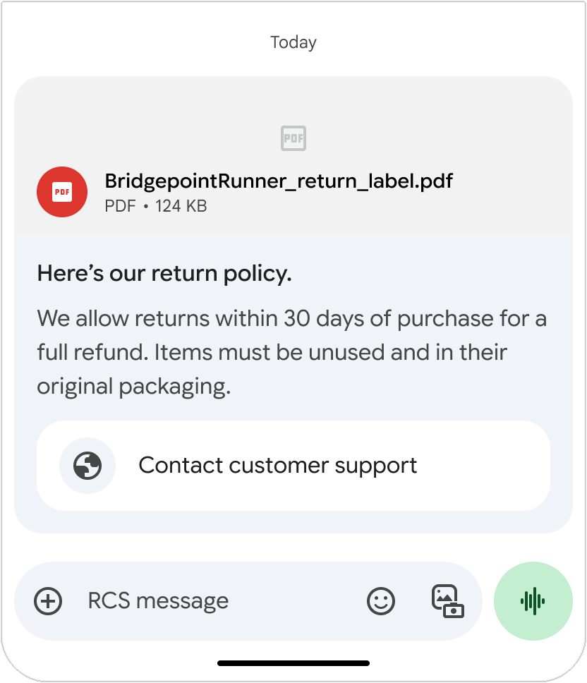 Ícone padrão de PDF em um Rich Card vertical.