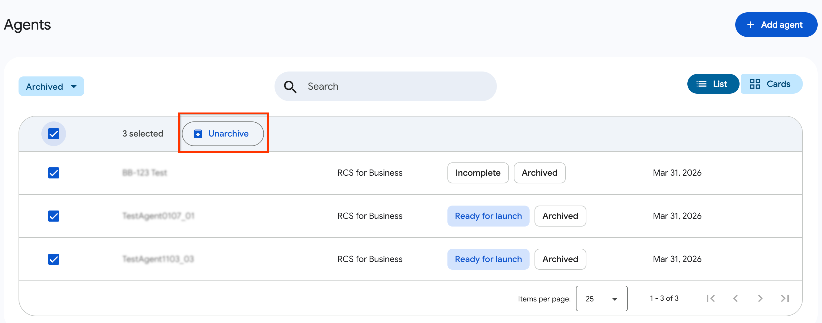Annullare l'archiviazione collettiva degli agenti in Developer Console