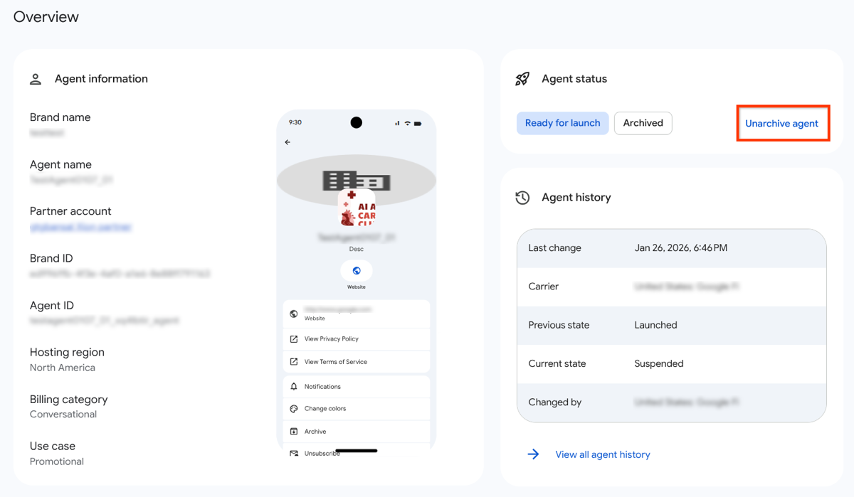 Botão "Desarquivar" no card de status