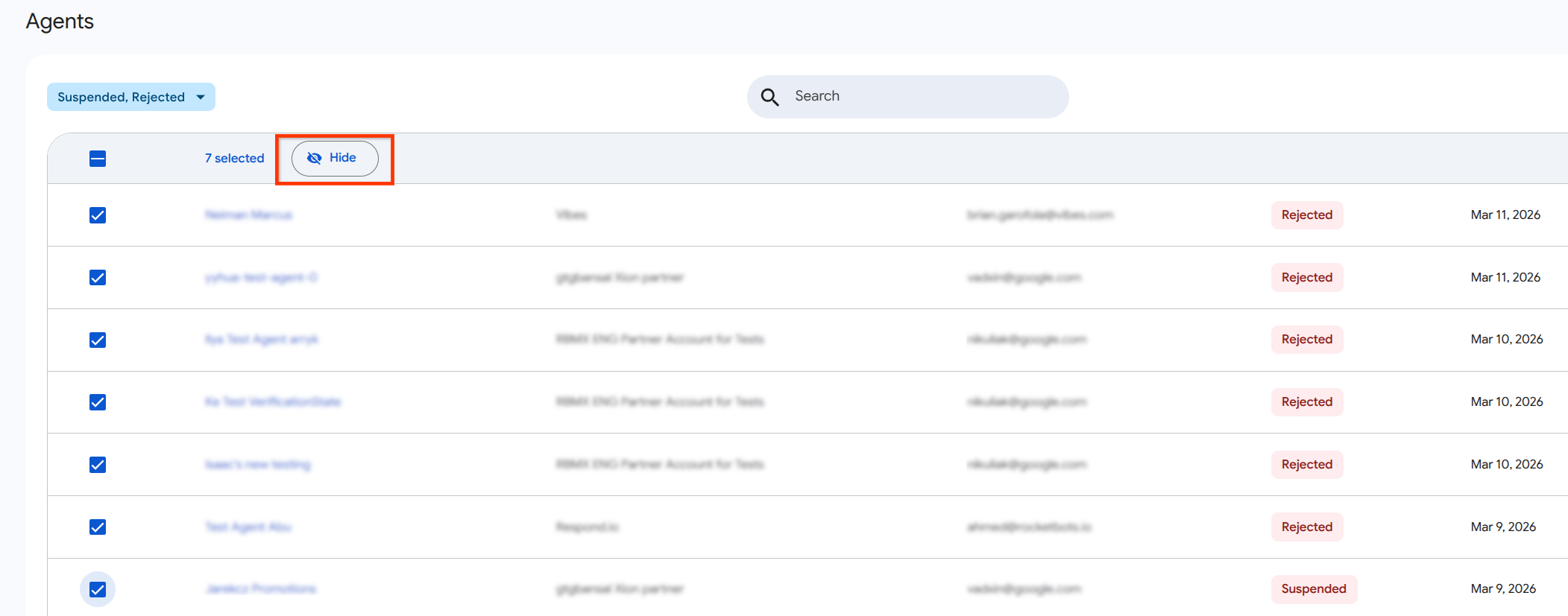 Bulk hide button in list