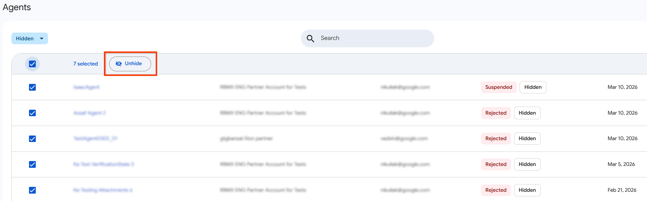 Bulk unhide button in list