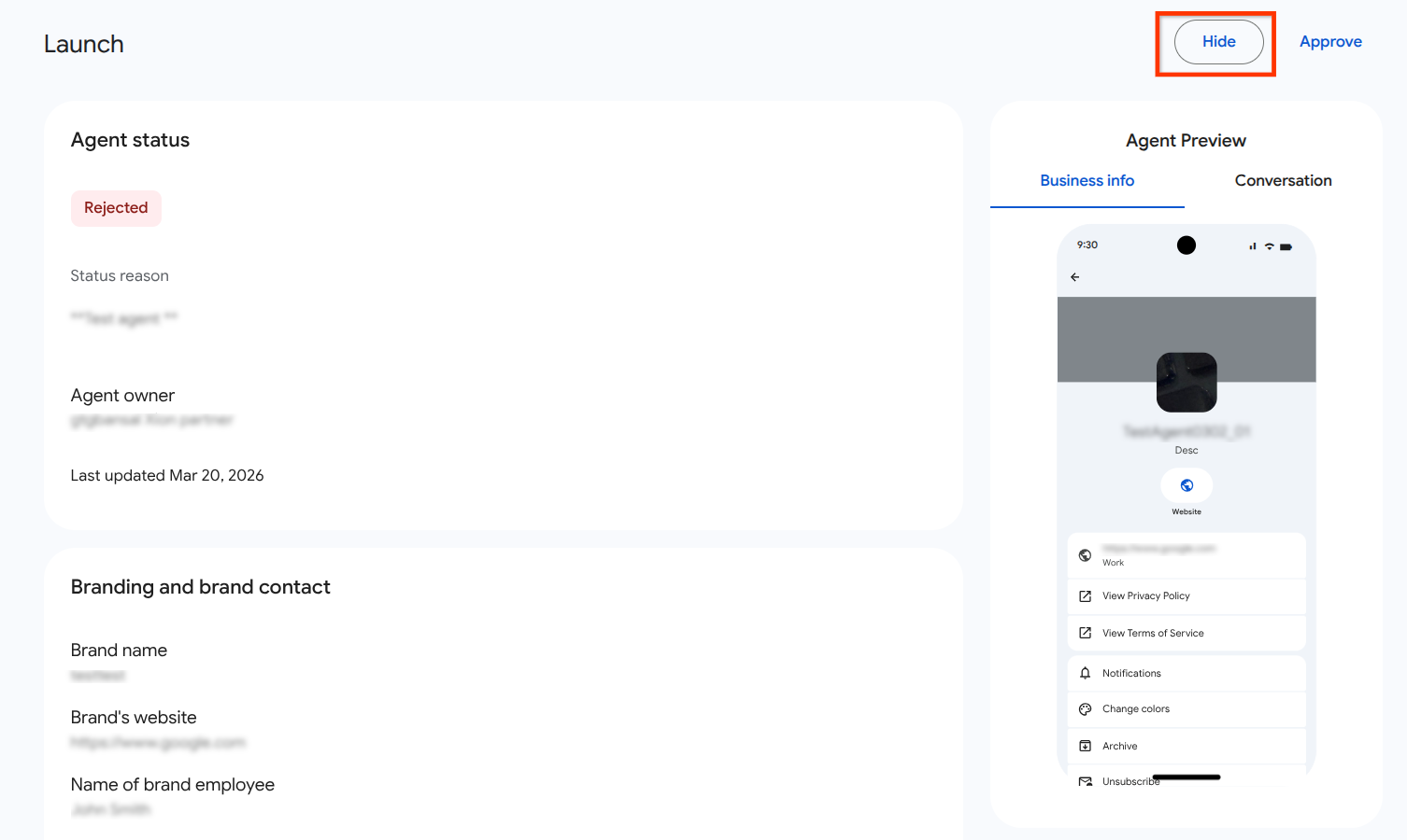 Bouton "Masquer" sur la page de lancement