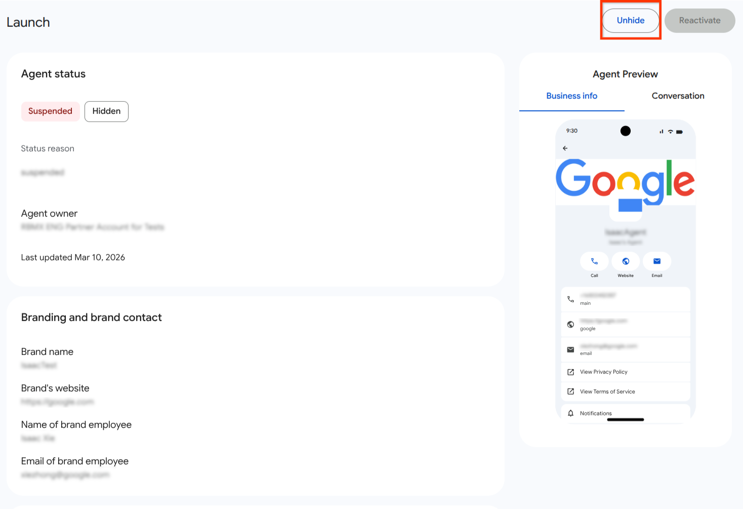 Unhide button on Launch page