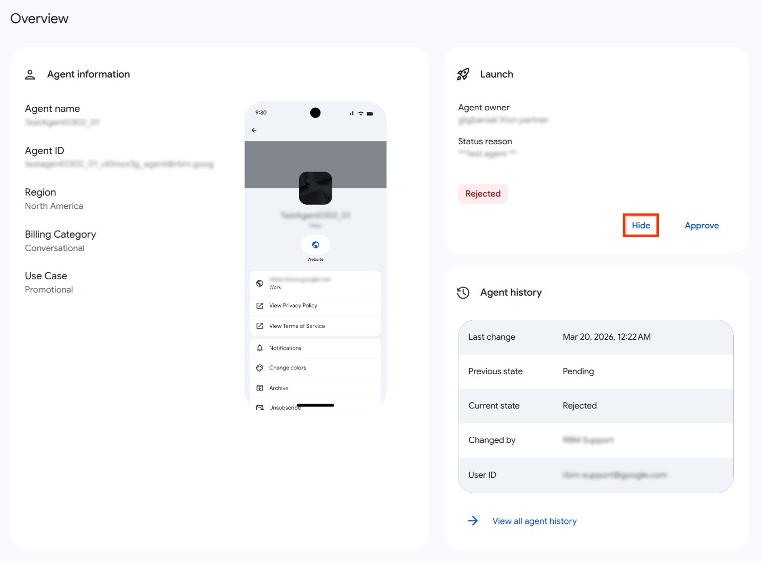 Bouton "Masquer" sur la page "Vue d'ensemble"