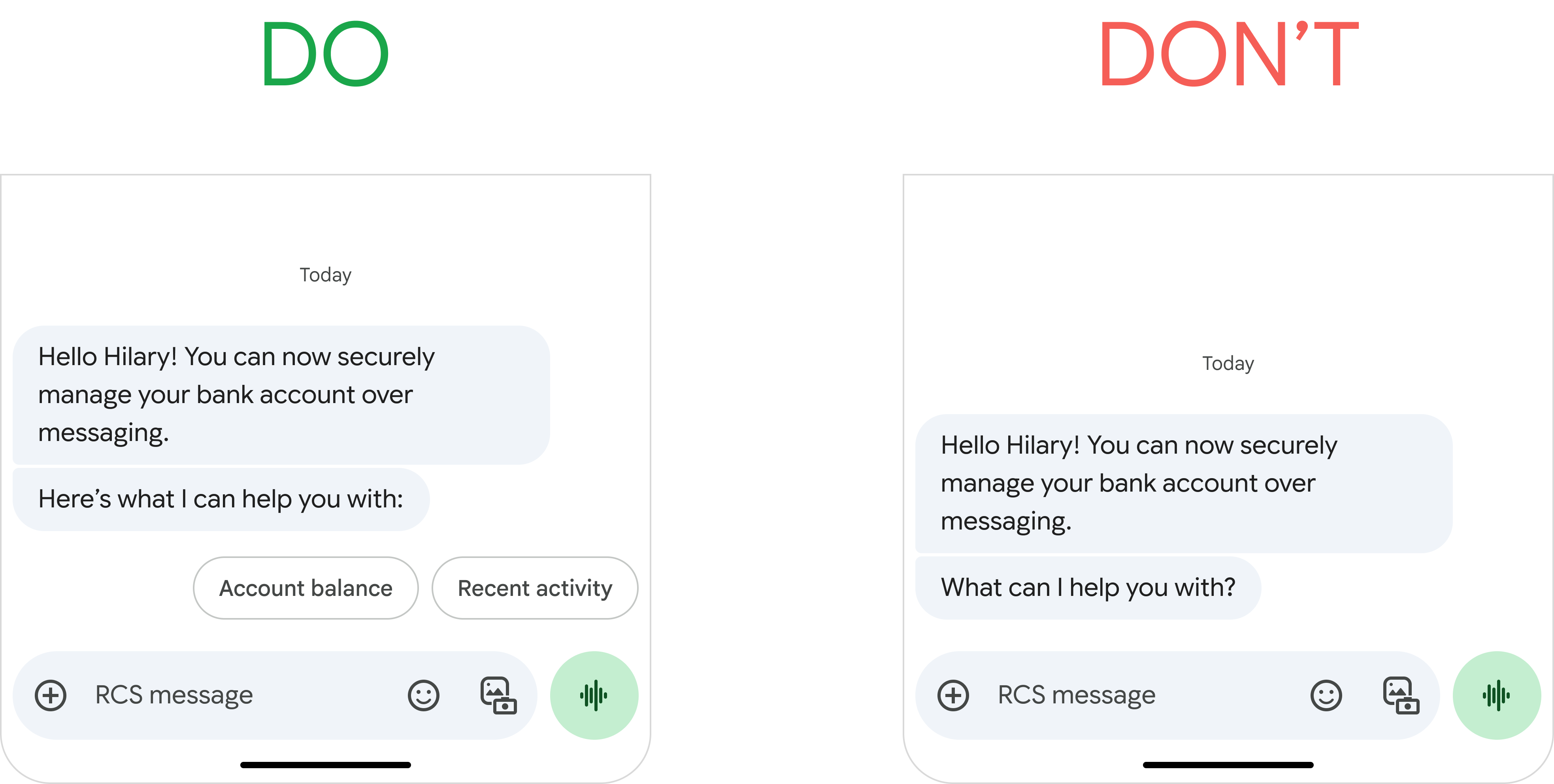 Sample dialogs with and without suggested replies
