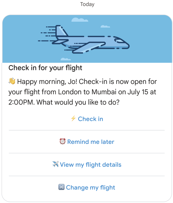 Greeting message with check-in details and suggested replies